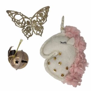 Pink Unicorn and Gold Butterfly Gold Bell Christmas Tree Ornanents Lot